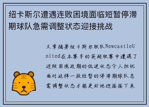 纽卡斯尔遭遇连败困境面临短暂停滞期球队急需调整状态迎接挑战