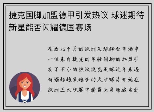 捷克国脚加盟德甲引发热议 球迷期待新星能否闪耀德国赛场