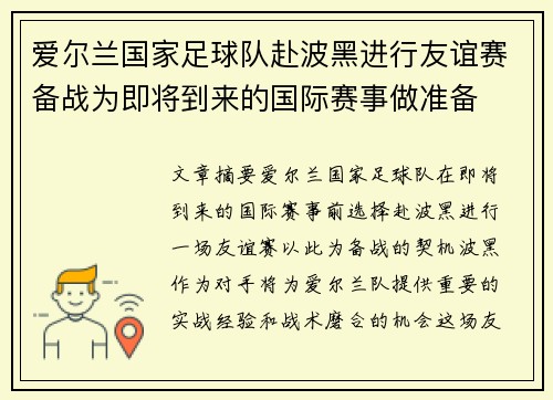 爱尔兰国家足球队赴波黑进行友谊赛备战为即将到来的国际赛事做准备