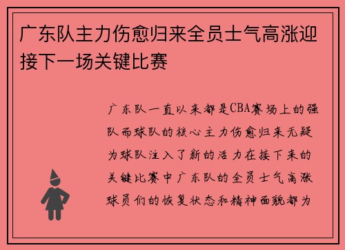 广东队主力伤愈归来全员士气高涨迎接下一场关键比赛