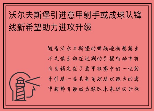 沃尔夫斯堡引进意甲射手或成球队锋线新希望助力进攻升级