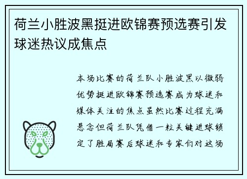荷兰小胜波黑挺进欧锦赛预选赛引发球迷热议成焦点